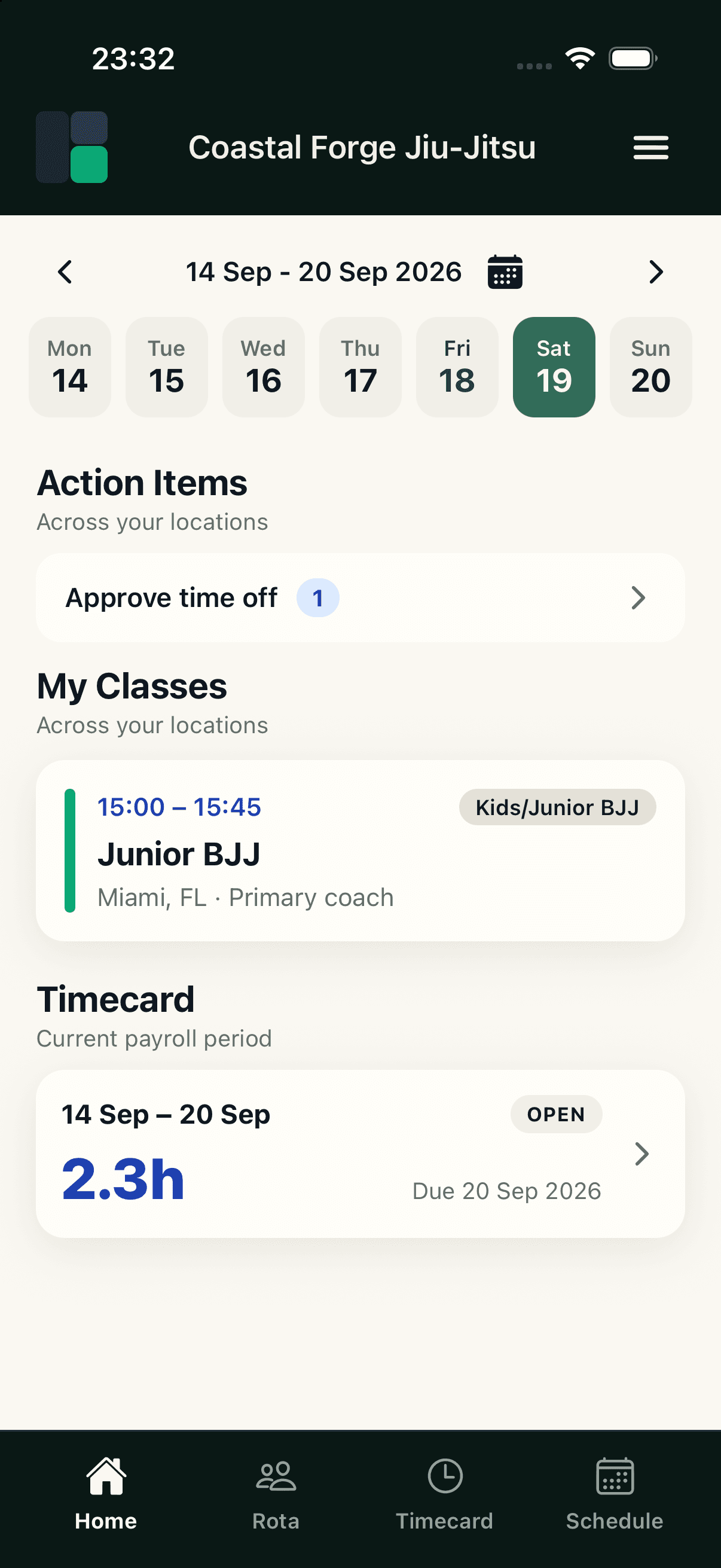 The OpenMat mobile Home screen showing today's action items, classes and timecard summary